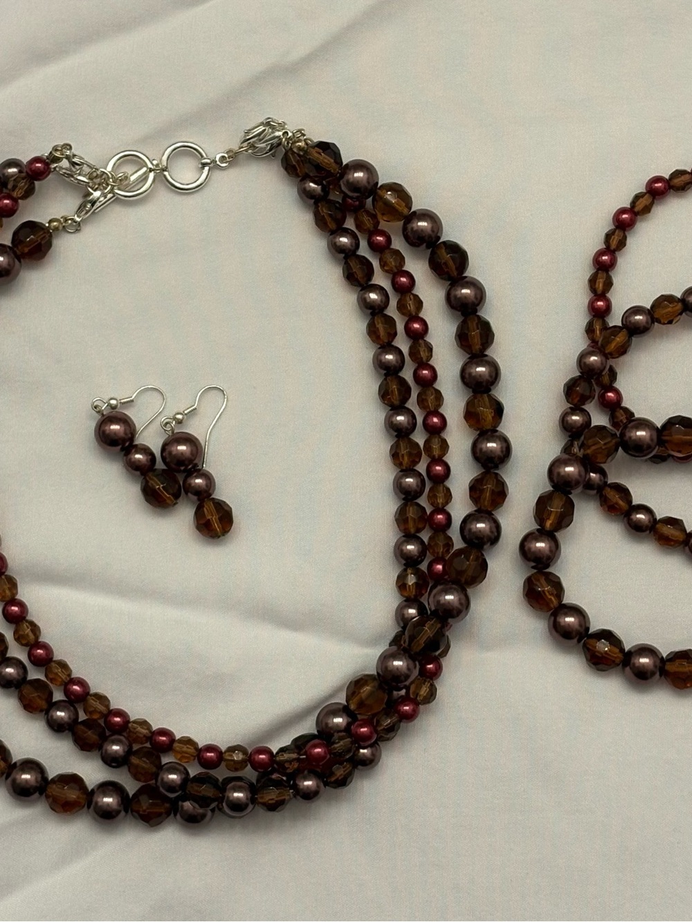 Multi-Strand Brown Bead Necklace with Matching Earrings and Bracelets